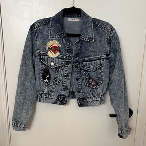 Alice + Olivia Distressed Denim Jacket with Colorful Embroidery
